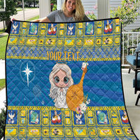 Personalized blue quilt with yellow border, angel star-of-Bethlehem graphic and custom text