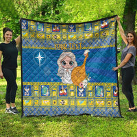 Personalized blue quilt with yellow border, angel graphic and custom text strip