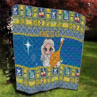 Personalized blue quilt with star wand angel, yellow patterned border and custom text