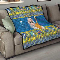 Personalized blue quilt on sofa, star wand angel, yellow border and custom text strip