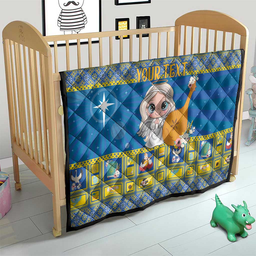 Personalized blue quilt for crib, angel holding star wand with yellow patterned border