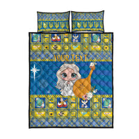 Blue and yellow quilt bed set featuring cartoon angel, bold border pattern, and two pillowcases