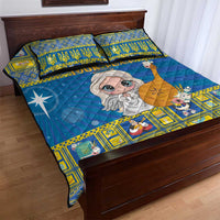 Blue and yellow quilt bed set with cartoon angel, geometric patchwork border, and two pillowcases