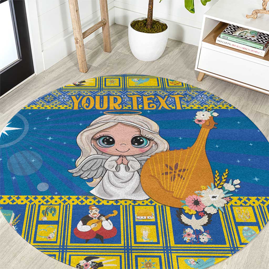 Blue round Christmas carpet with angel, nativity icons, and custom text design