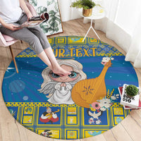Blue round carpet with angel holding a harp and flowers, custom text across center