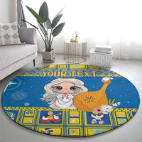 Blue round living room carpet with angel illustration and banner-style custom text