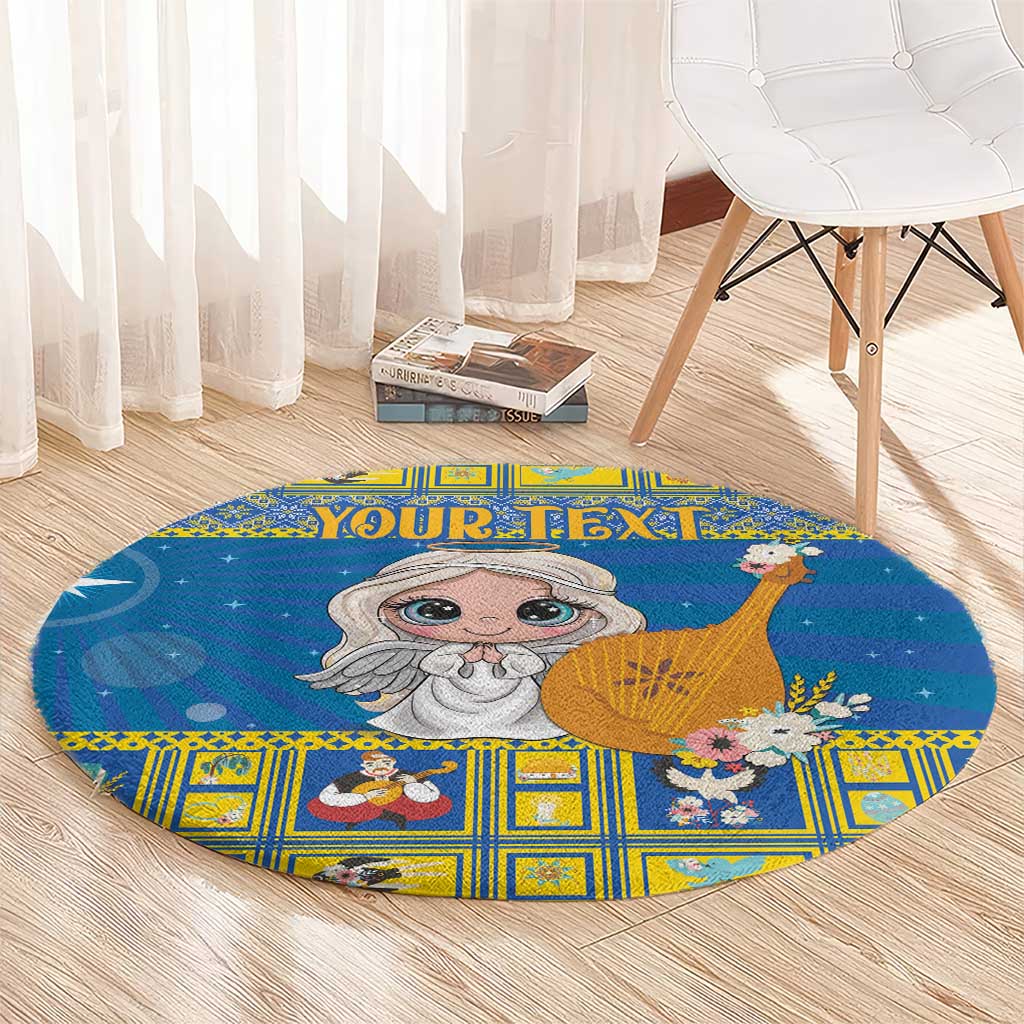 Blue round carpet on wooden floor with angel graphic and banner-style custom text
