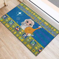 Blue rubber doormat with angel and Bethlehem star pattern, “YOUR TEXT” center text