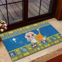 Personalized blue rubber doormat with angel holding harp and flowers, “YOUR TEXT”
