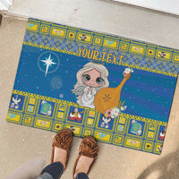 Personalized blue rubber doormat with angel graphic, Bethlehem star, and “YOUR TEXT”