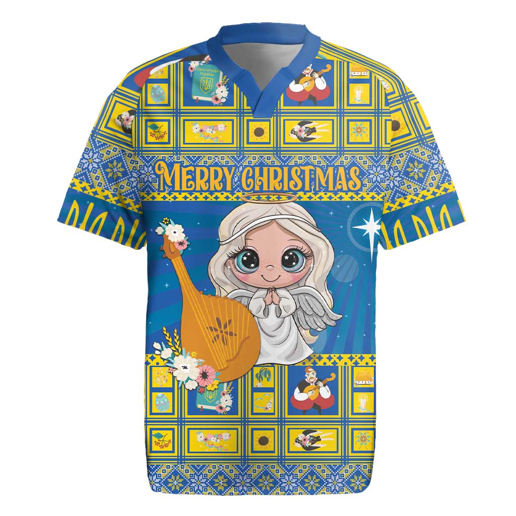 Blue rugby jersey with Merry Christmas graphic and angel face in festive grid