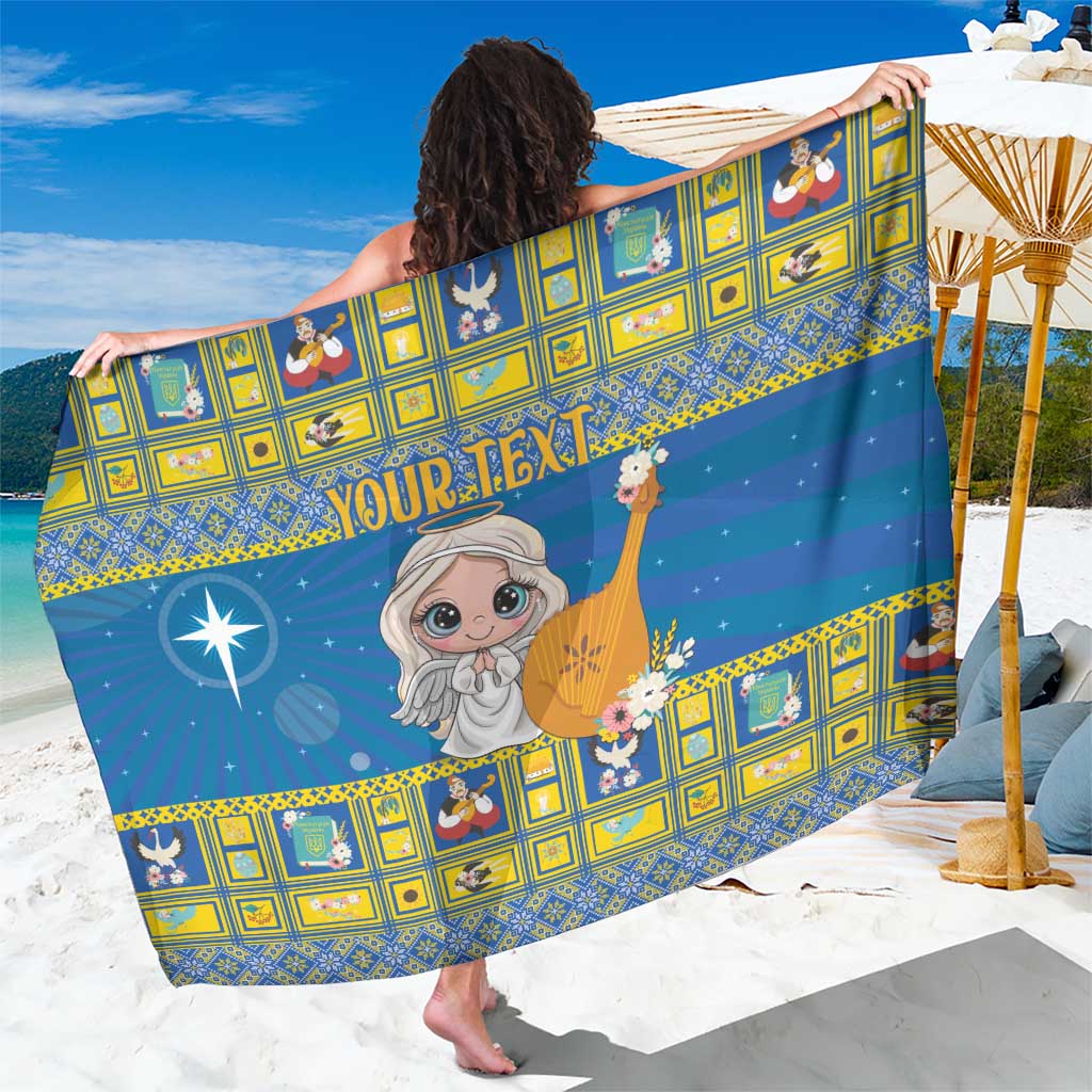 Blue personalized sarong with grid pattern, cartoon angel and decorative star graphic
