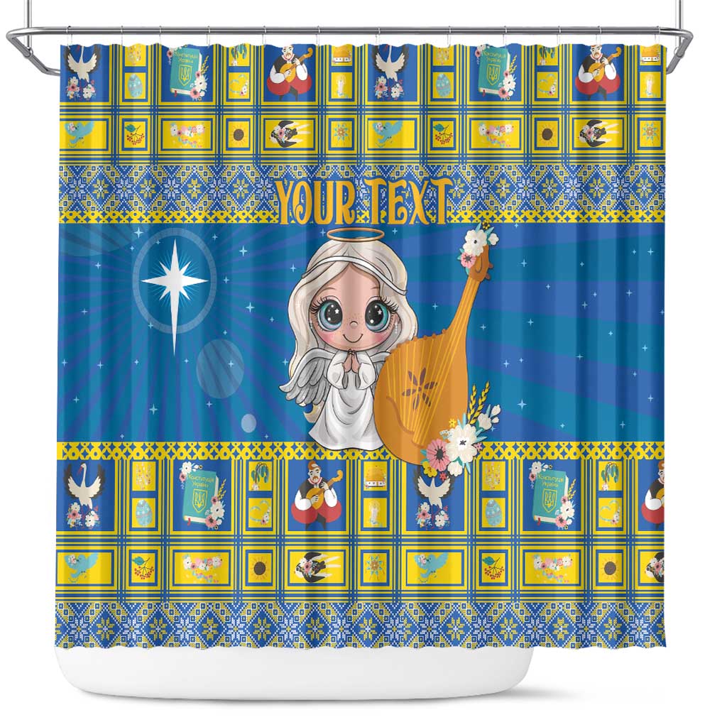 Personalized Ukraine Christmas shower curtain, blue angel with harp and star; 'YOUR TEXT'
