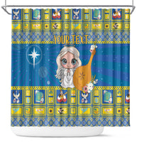 Personalized Ukraine Christmas shower curtain, blue angel with harp and star; 'YOUR TEXT'