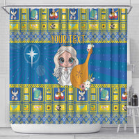 Personalized Ukraine Christmas shower curtain, blue scene with angel harp; 'YOUR TEXT' and border