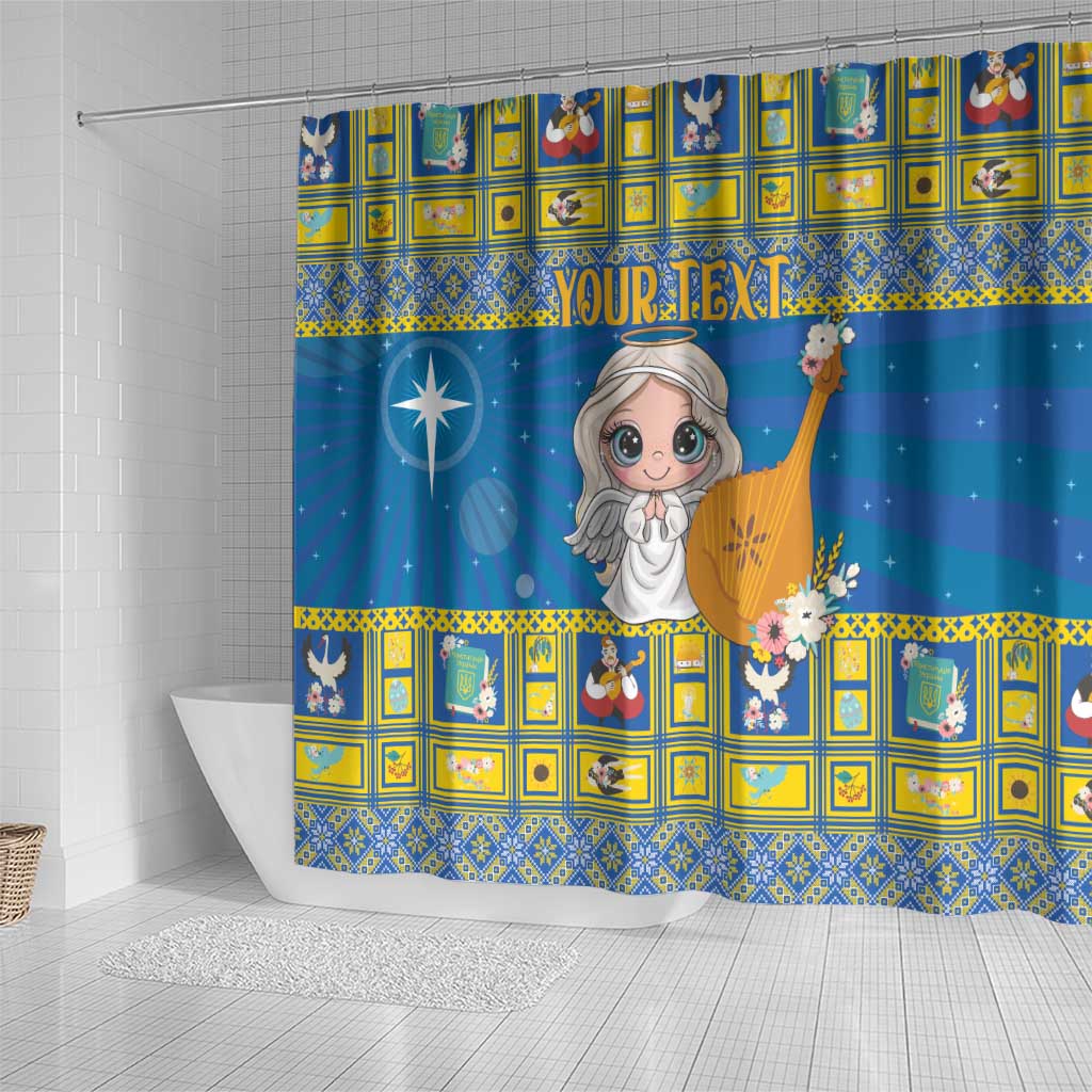 Personalized Ukraine Christmas shower curtain, blue angel holding harp over bathtub; 'YOUR TEXT'