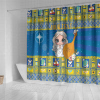 Personalized Ukraine Christmas shower curtain, blue angel holding harp over bathtub; 'YOUR TEXT'