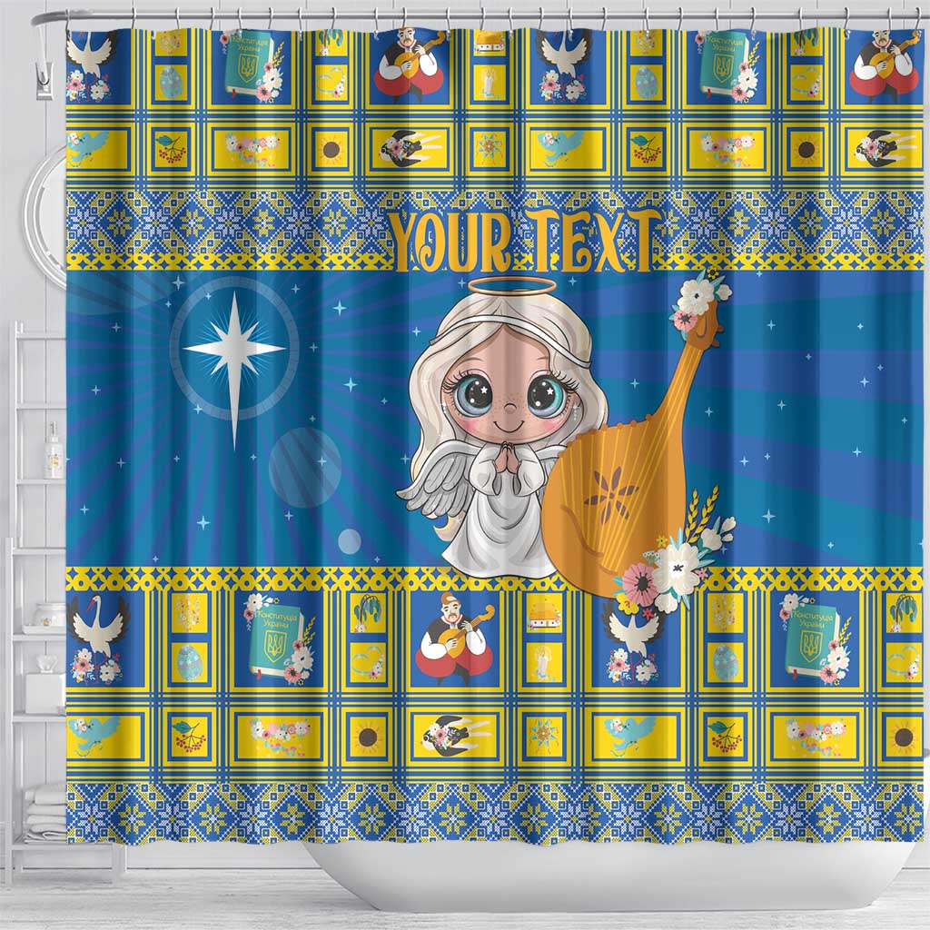 Personalized Ukraine Christmas shower curtain, front view with angel harp and 'YOUR TEXT' banner