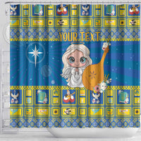Personalized Ukraine Christmas shower curtain, front view with angel harp and 'YOUR TEXT' banner