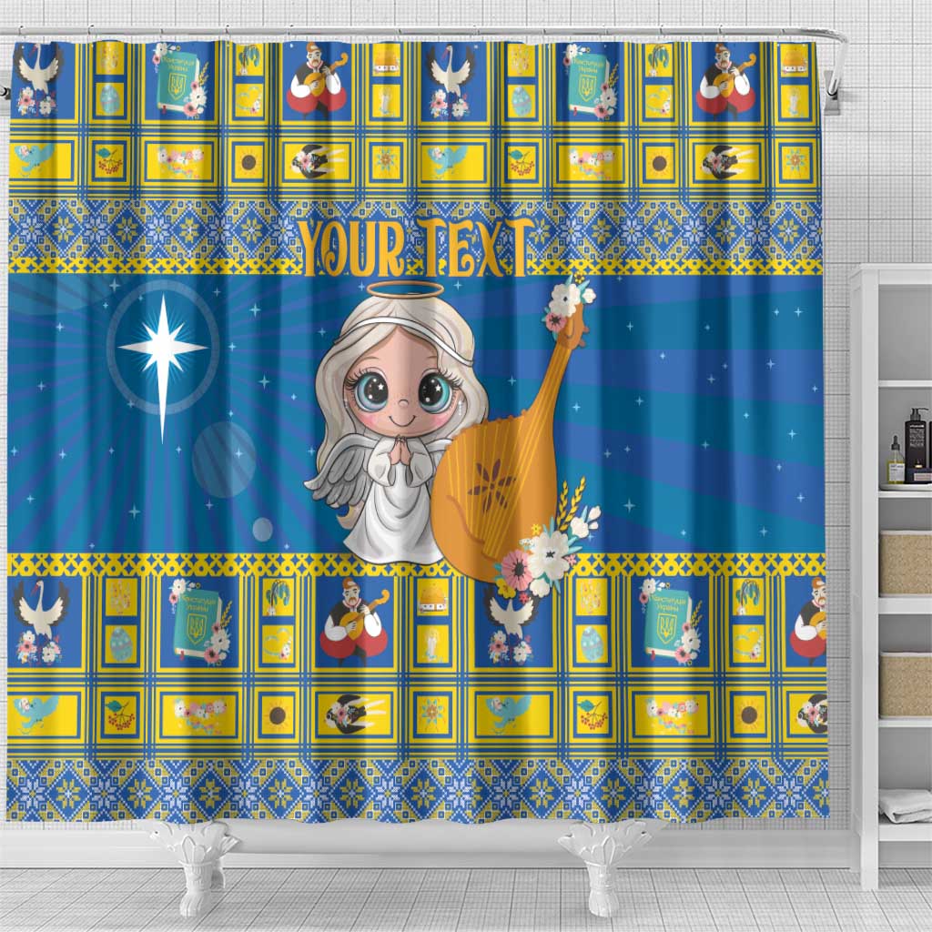 Personalized Ukraine Christmas shower curtain, close-up blue angel with flowers and 'YOUR TEXT'