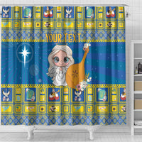 Personalized Ukraine Christmas shower curtain, close-up blue angel with flowers and 'YOUR TEXT'