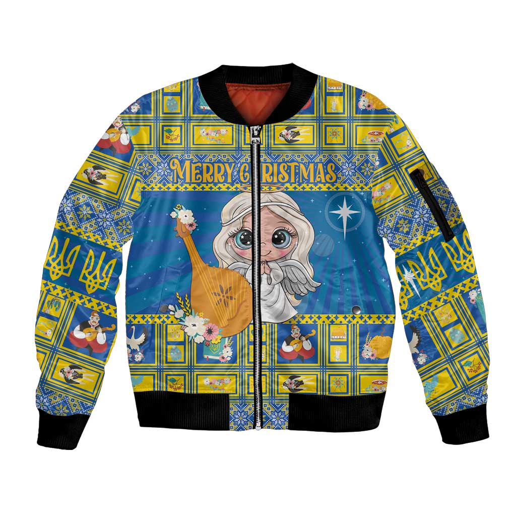Unisex blue zip-up bomber jacket with festive angel print and patterned sleeves