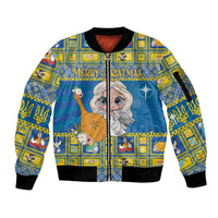 Unisex blue zip-up bomber jacket with festive angel print and patterned sleeves
