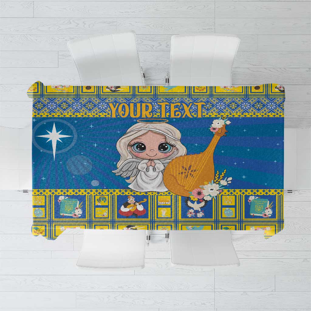 Blue Christmas tablecloth with Bethlehem star and 'YOUR TEXT' panel