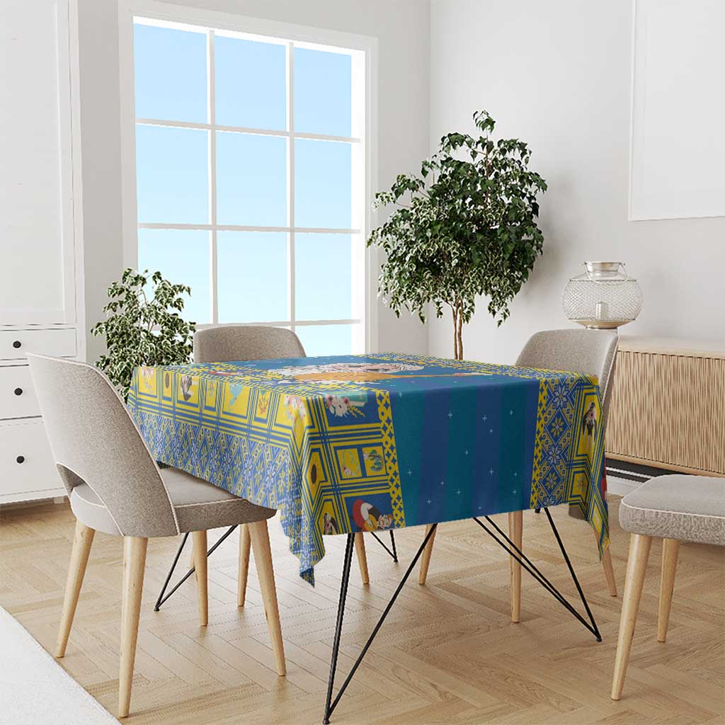 Blue Christmas tablecloth with geometric pattern and Bethlehem star, on dining table