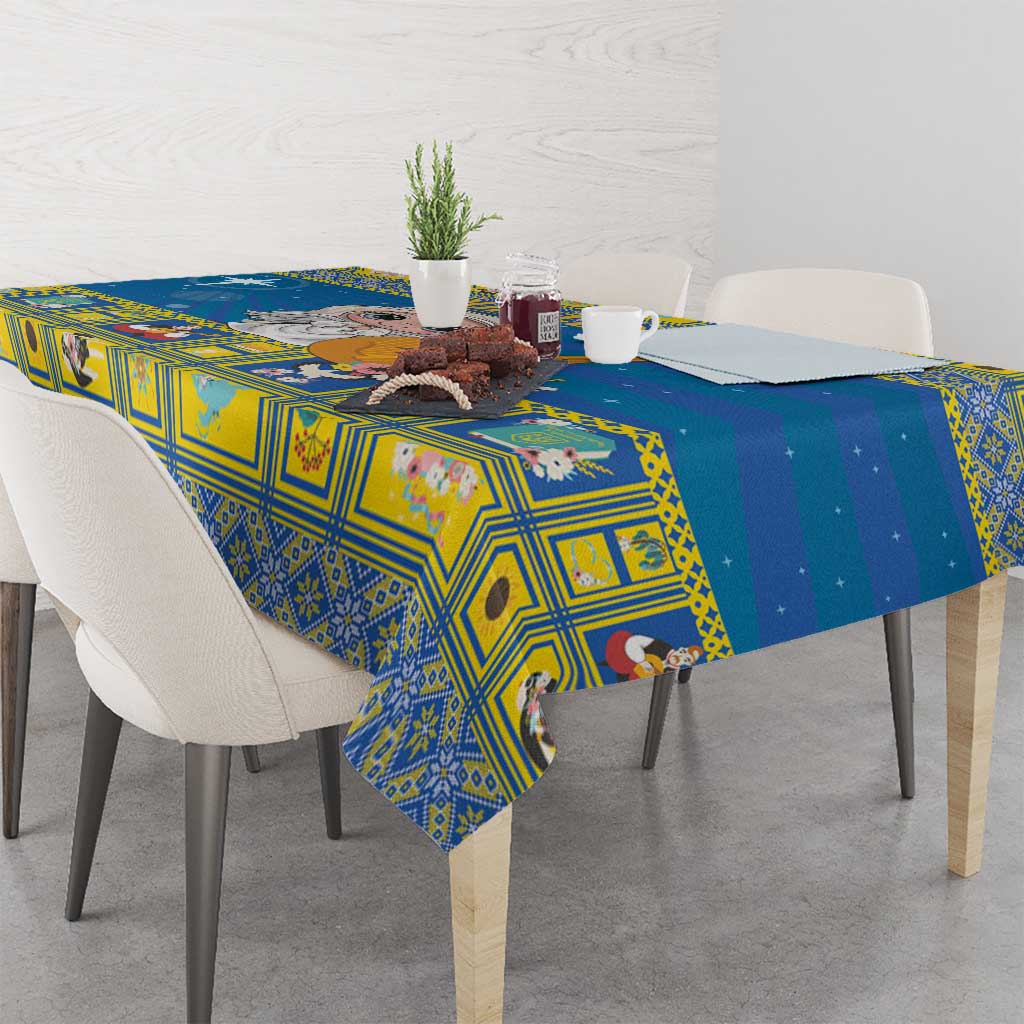 Blue patterned Christmas tablecloth with Bethlehem star, covering dining table