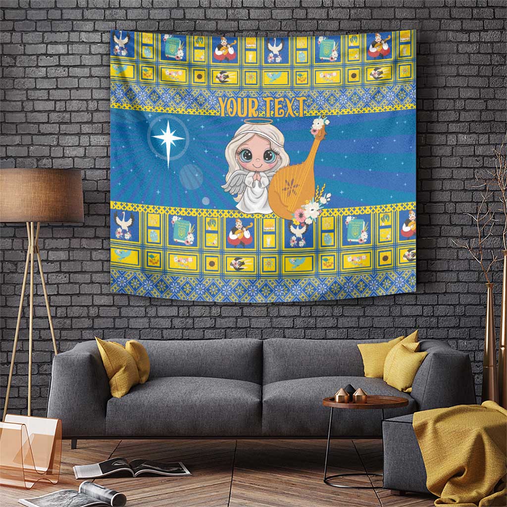 Blue Star of Bethlehem tapestry with angel holding wreath and custom text banner
