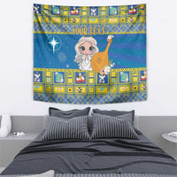 Blue wall tapestry featuring angel figure, decorative squares, and "YOUR TEXT"
