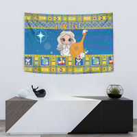 Blue Christmas tapestry with angel holding wreath, star motif, and "YOUR TEXT"