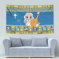 Blue Star of Bethlehem tapestry with angel, star sparkle, and "YOUR TEXT"