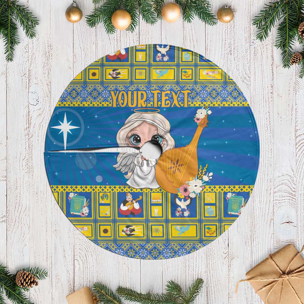 Blue round Christmas tree skirt, fringed edge, angel star design with “Your Text”