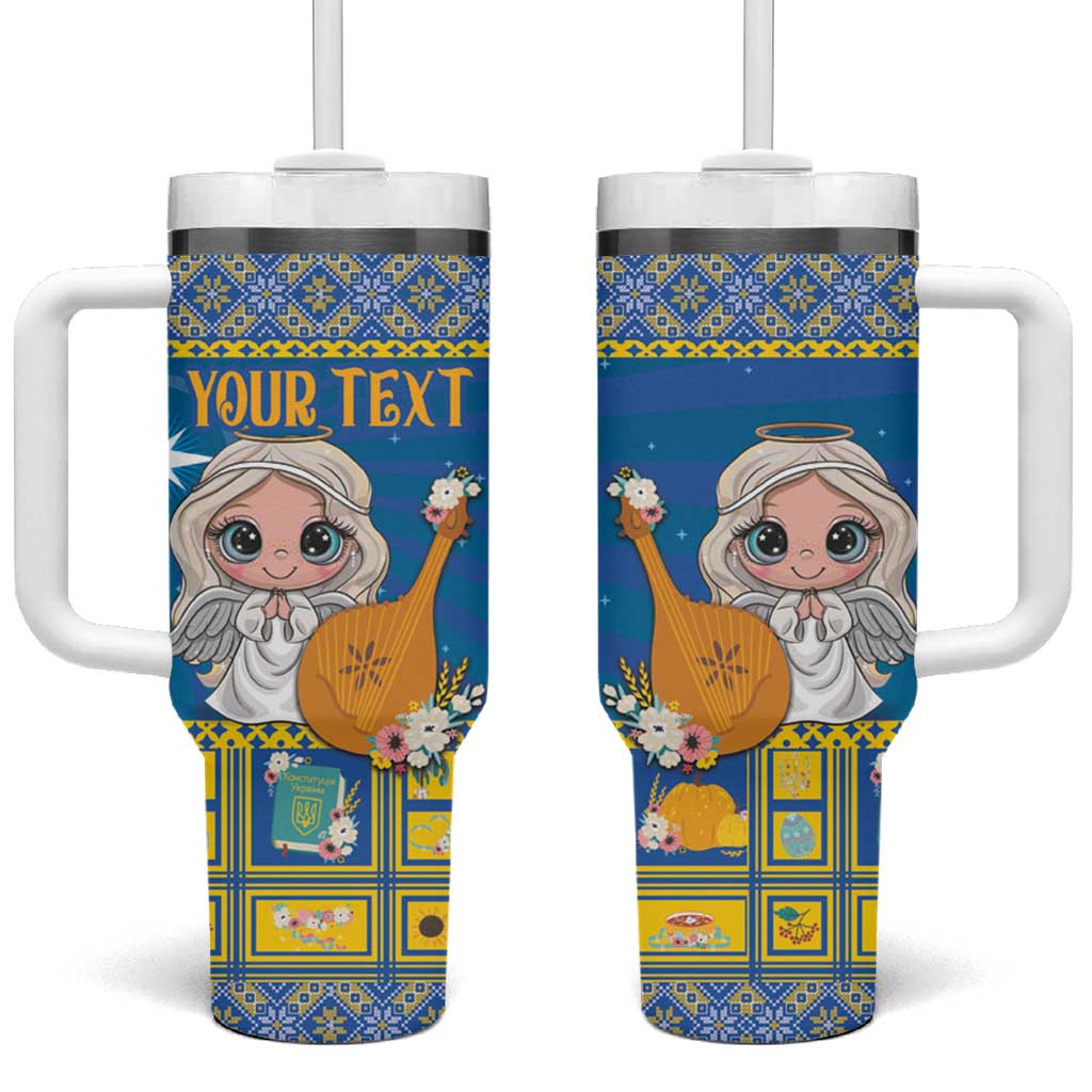 Blue personalized tumbler with handle, straw, and angel graphic with “YOUR TEXT”
