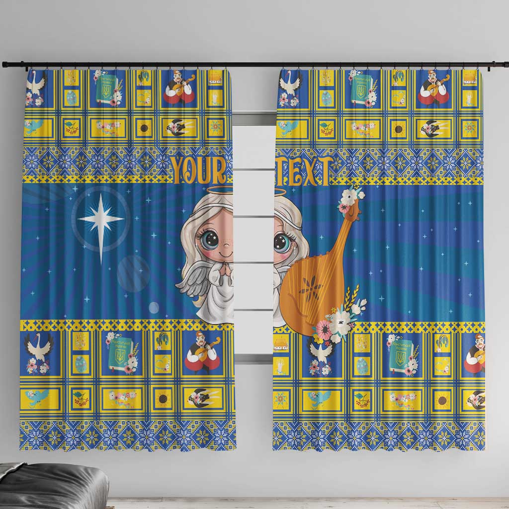 Blue window curtain set with angel and star pattern, yellow border and hooks/loops top