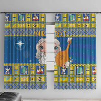 Blue window curtain set with angel and star pattern, yellow border and hooks/loops top