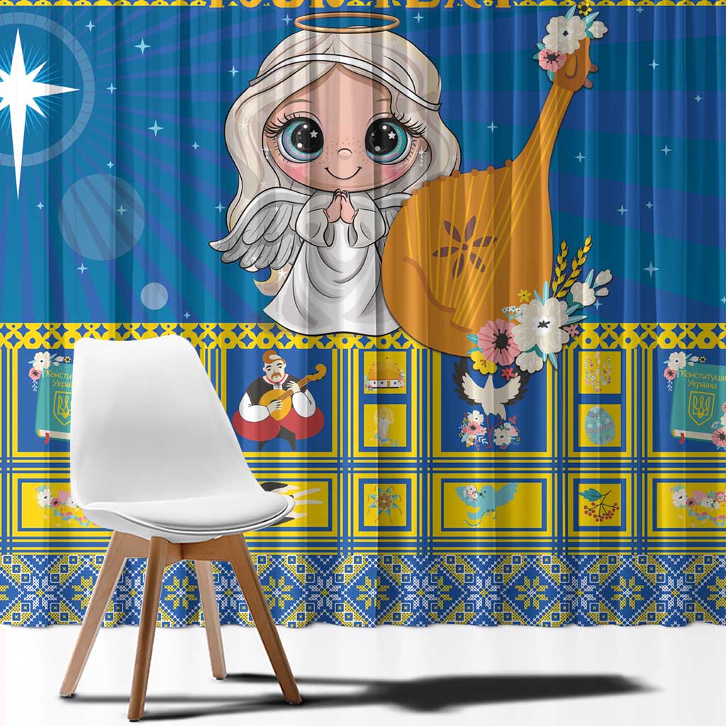 Blue curtain panel with angel illustration, yellow frame pattern, and star on sheer background