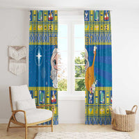 Blue curtain panels with angel character holding a trumpet and yellow decorative stripe band
