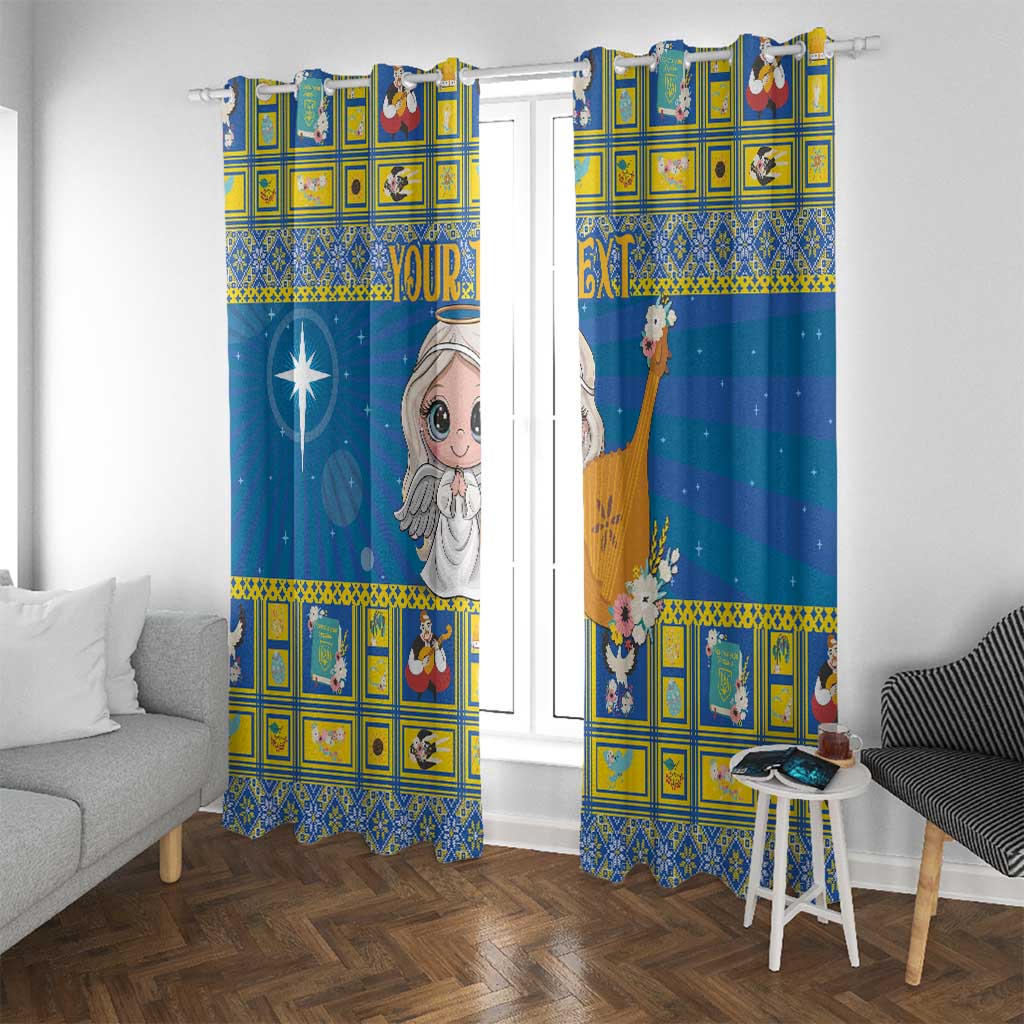 Blue printed curtains with angel graphic on the center, yellow framed tile pattern strip