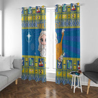 Blue printed curtains with angel graphic on the center, yellow framed tile pattern strip