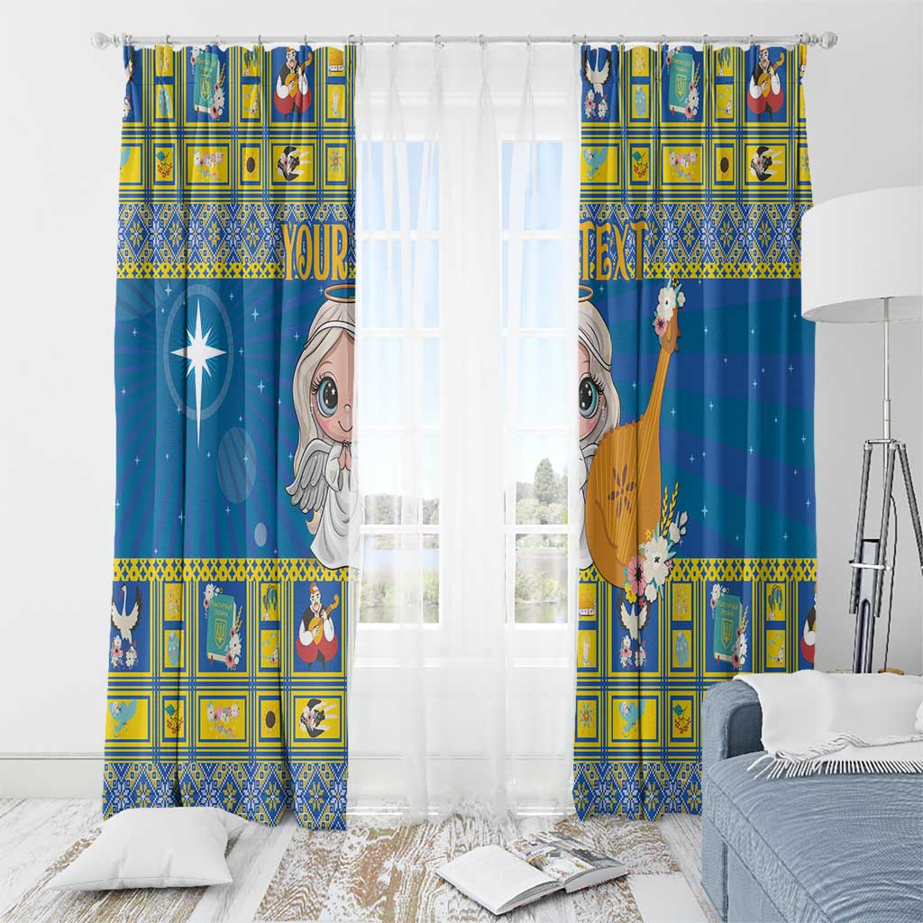 Blue curtain panels with angel and star designs, yellow border and window view behind