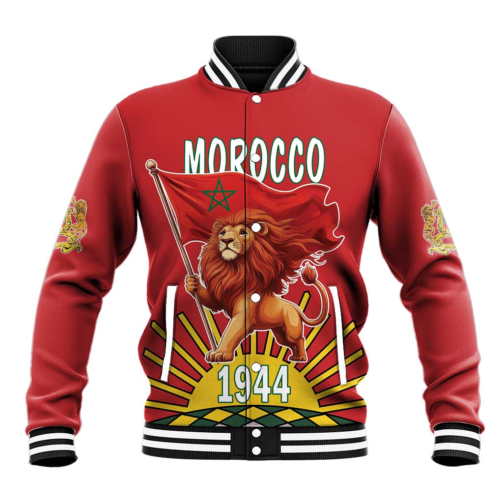 Red varsity baseball jacket with MOROCCO 1944 lion front graphic and striped rib trim