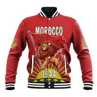 Red varsity baseball jacket with MOROCCO 1944 lion front graphic and striped rib trim