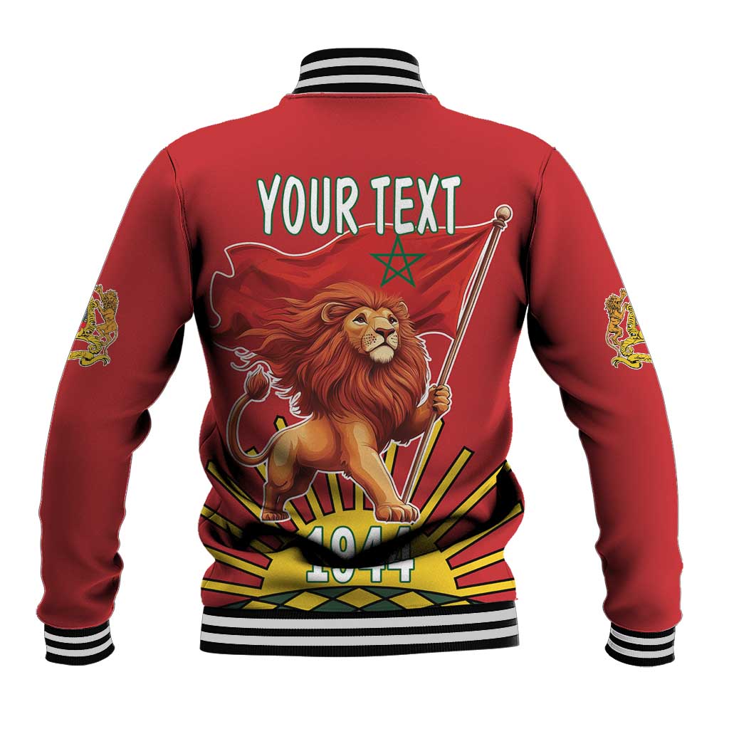 Red varsity baseball jacket with back lion graphic, striped rib collar, YOUR TEXT