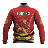 Red varsity baseball jacket with back lion graphic, striped rib collar, YOUR TEXT