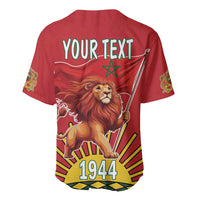 Red baseball jersey, V-neck, lion with flag, Your Text and 1944