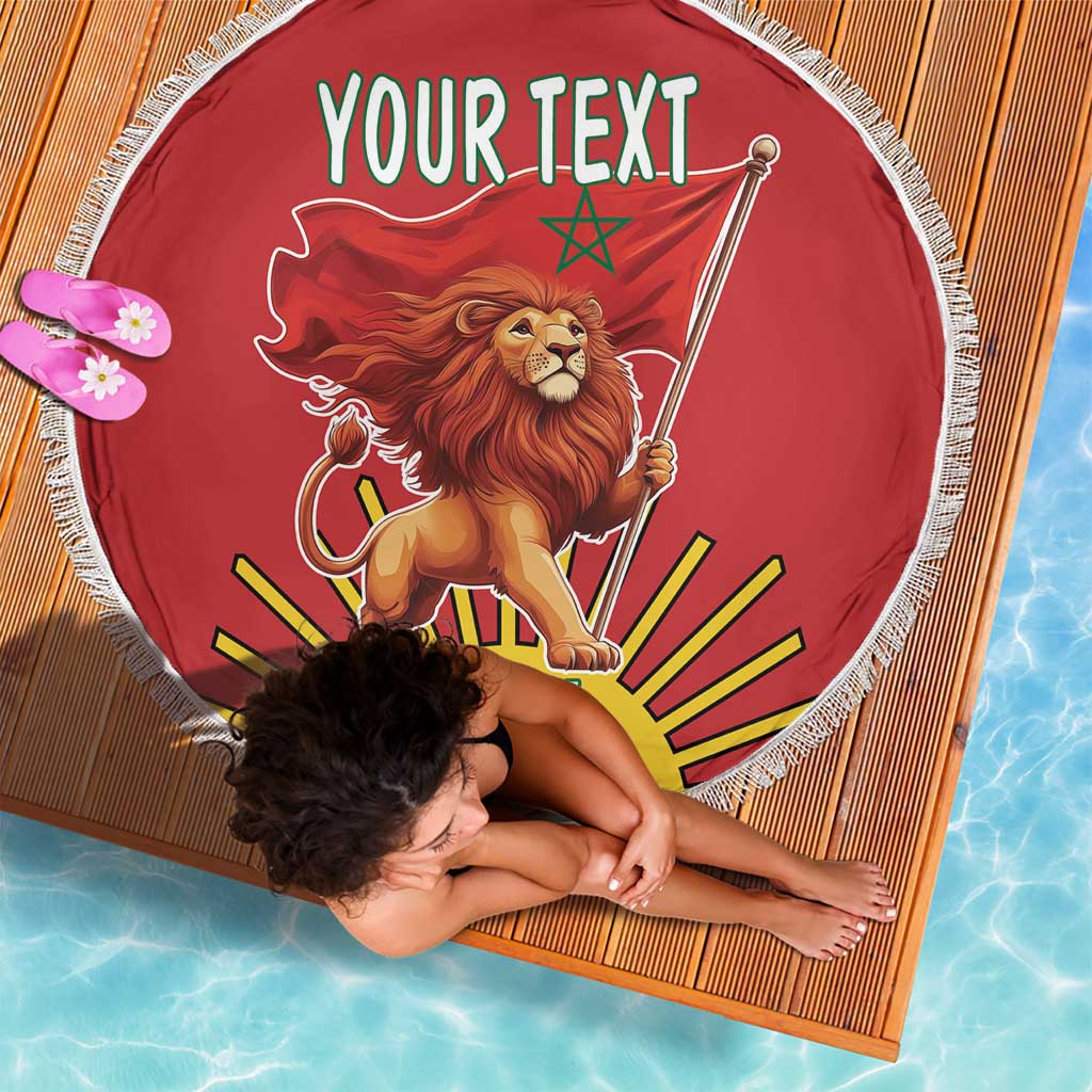 Red round beach blanket with white fringe, lion holding flag, YOUR TEXT, 1944 design