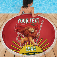Red round beach blanket with white fringe, lion holding flag, YOUR TEXT, 1944 graphic
